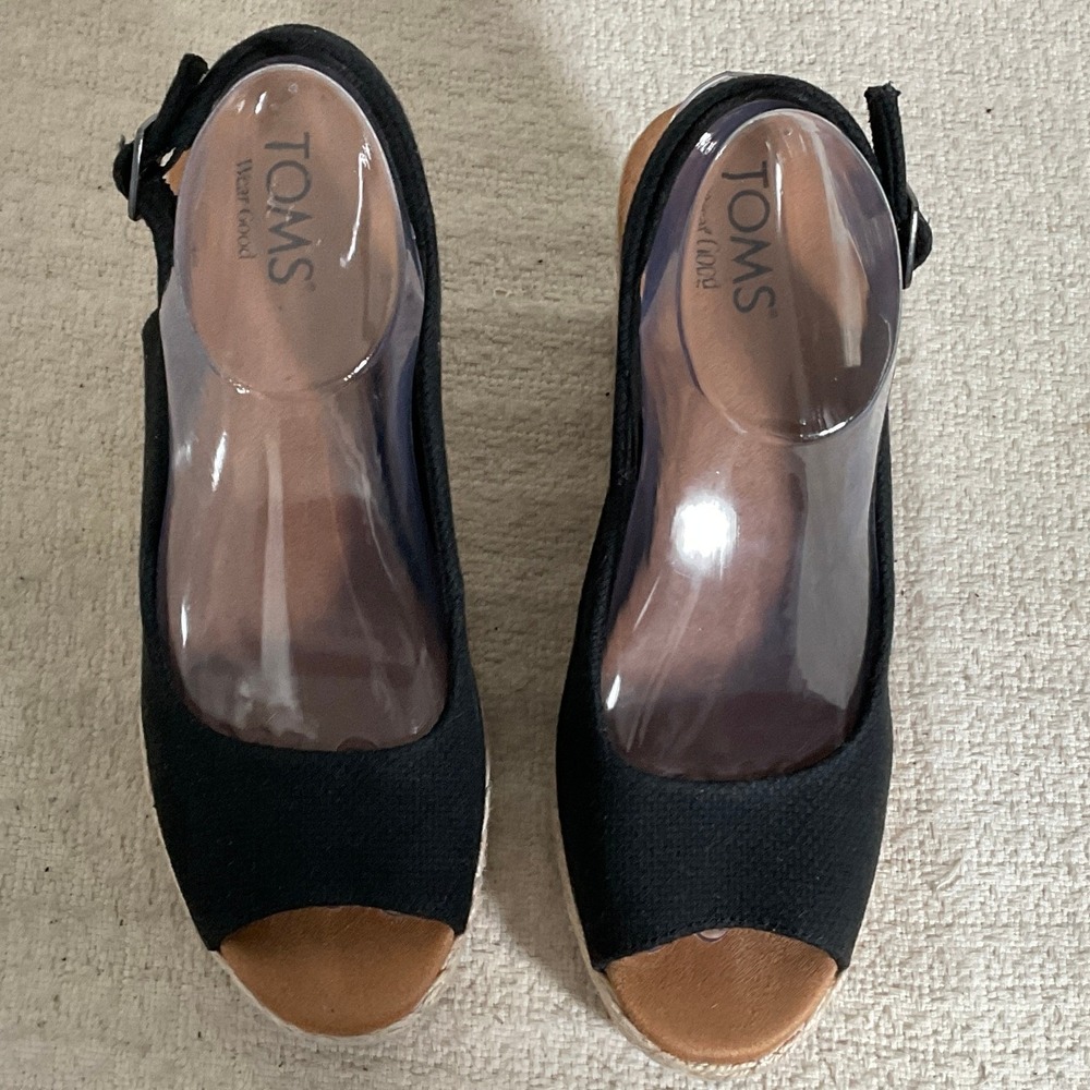 TOMS Black Canvas Peep Toe Espadrille Wedge Slingback Sandals 10022387 Womens 8 - Picture 11 of 14